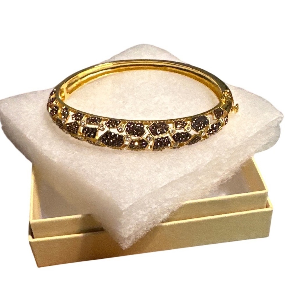 Gold Tone Black and Clear Crystal Giraffe Print Hinged Bracelet